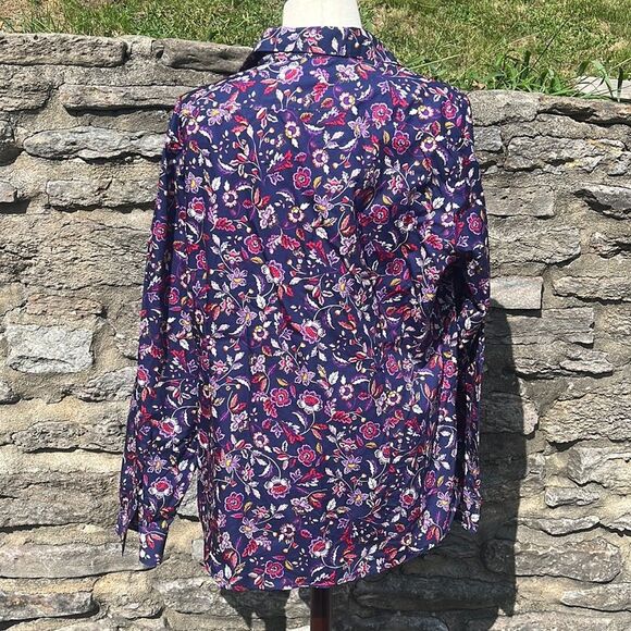 LANDS' End Navy Blue & Floral Casual Long Sleeve Button Down Top Size 18 T300 - Picture 2 of 6